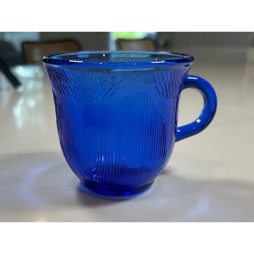 Forte Crisa Cobalt Blue Textured Glass Mexico Vintage Coffee Mug Sunflower